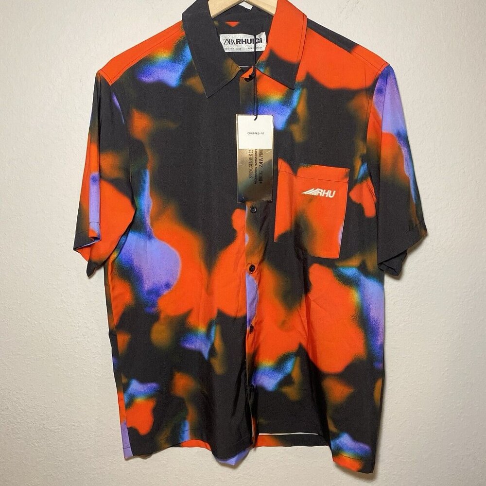 ZARA x RHUIGI Button Down Sm Short Sleeve Red Tie Dye Shirt Water Color New Tags